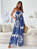 Dark Navy Printed Strapless Sleeveless Polyester Straight Summer One Piece Outfit