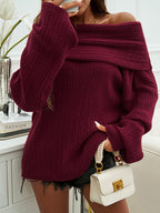 Pullovers For Women Burgundy Bateau Neck Long Sleeves Acrylic Sweaters