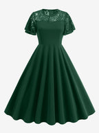 Vintage Dress 1950s Style Jewel Neck Lace Short Sleeves Medium Burgundy Swing Dress