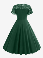 Vintage Dress 1950s Style Jewel Neck Lace Short Sleeves Medium Burgundy Swing Dress