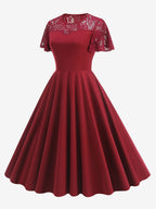 Vintage Dress 1950s Style Jewel Neck Lace Short Sleeves Medium Burgundy Swing Dress