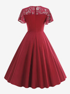 Vintage Dress 1950s Style Jewel Neck Lace Short Sleeves Medium Burgundy Swing Dress
