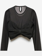 Women Crop Top Black Jewel Neck Sexy Pleated Long Sleeves Polyester Tops