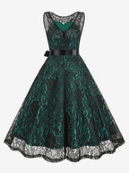 Retro Dress Green 1950s Style Two-Tone Sash Sleeveless V-Neck Medium Rockabilly Dress
