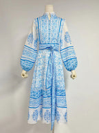 Floral Print Midi Dress for Women - Lantern Sleeve Stand Collar A-Line Belted Folklore Gown - Spring Garden Party 2026