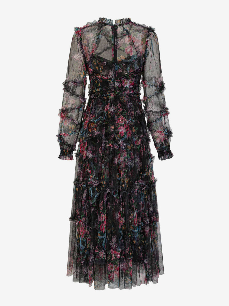 Party Dress Ruffles Layered Illusion Sleeves Elegant Folklore Long Dress