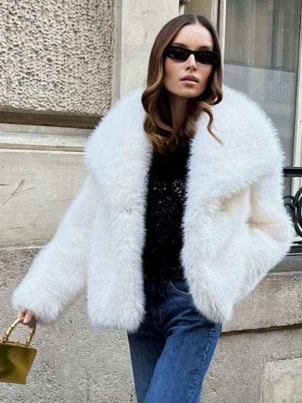Faux Fur Coat Lapel Chic White Winter Eco-friendly Fur Jacket