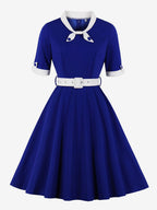 Vintage Dress 1950s Yellow Two-Tone Bows Short Sleeves Embellished Collar Medium Swing Dress