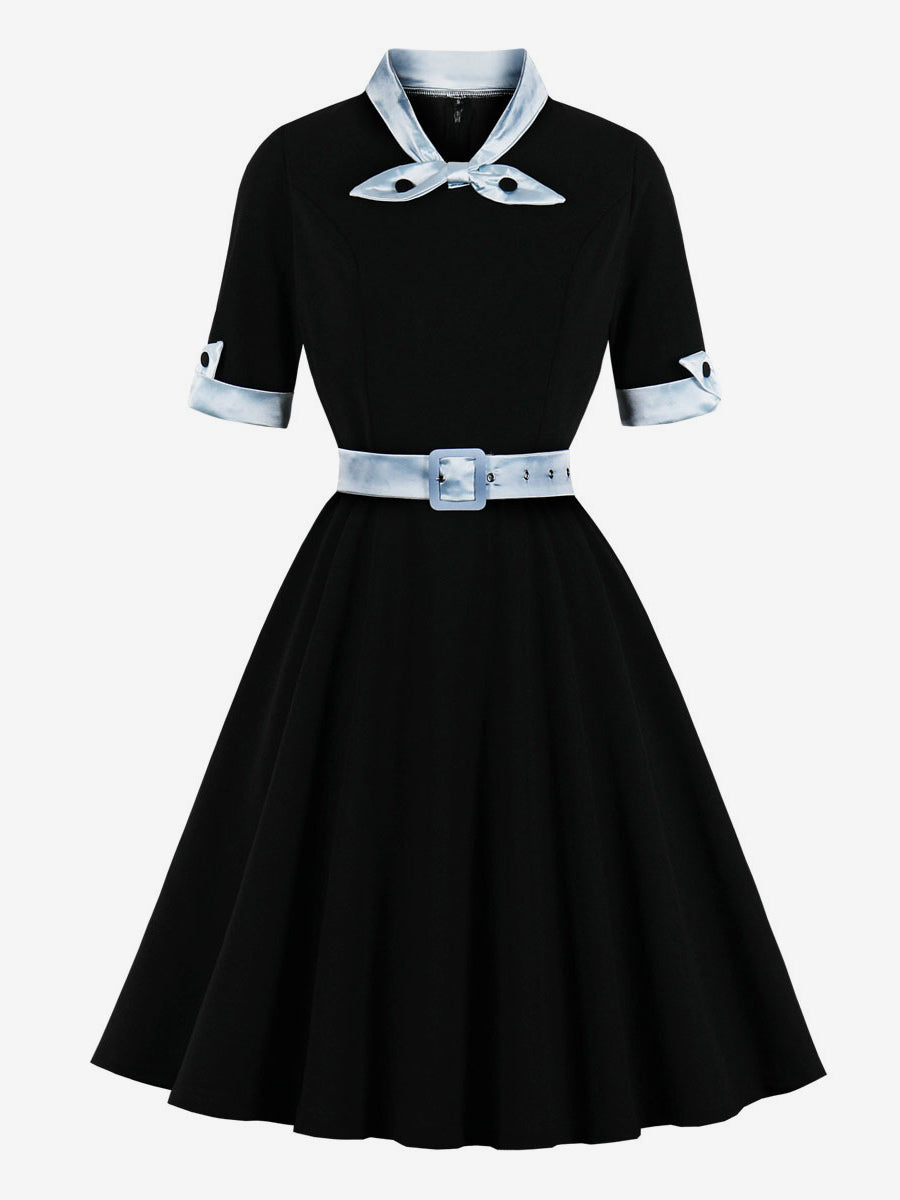 Vintage Dress 1950s Yellow Two-Tone Bows Short Sleeves Embellished Collar Medium Swing Dress