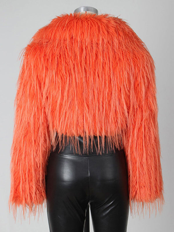 Fringed Faux Fur Cropped Coat V-neck Winter Jacket For Women 2026