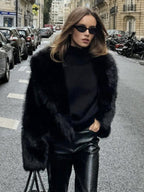 Faux Fur Coats Black Raised Waist Long Sleeves Faux Fur Jacket Winter Coat