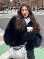 Faux Fur Coats Black No Waistline Long Sleeves Oversized Winter Coat