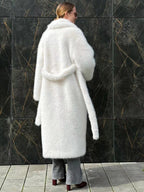 Faux Fur Coat In White Notched Lapel Belted Eco-friendly Winter Long Jacket 2026