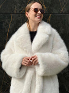 Faux Fur Coat In White Notched Lapel Belted Eco-friendly Winter Long Jacket 2026