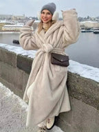 Faux Fur Long Coat With Hood Light Apricot Oversized Winter Outerwear For Women 2026