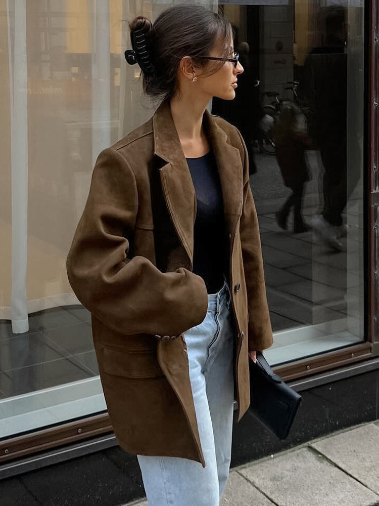 Women's Blazer Modern Suede Turndown Collar Long Sleeves
