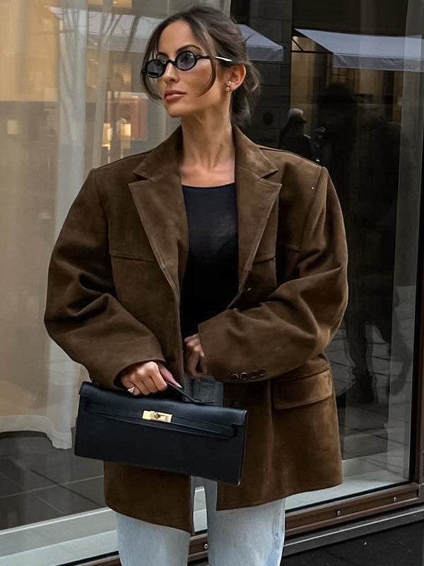 Women's Blazer Modern Suede Turndown Collar Long Sleeves