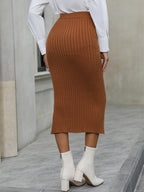 Skirts Camel Acrylic Raised Waist Chic High-slit Fall Mid-calf Length Women's Bottoms