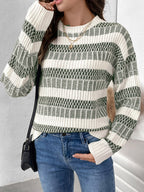 Women Pullover Sweater Hunter Green Two-Tone Jewel Neck Long Sleeves Layered Acrylic Sweaters