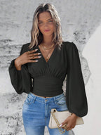 Long Sleeves Tees Dark Green Layered V-Neck Women Tee