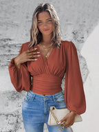 Long Sleeves Tees Dark Green Layered V-Neck Women Tee