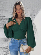 Long Sleeves Tees Dark Green Layered V-Neck Women Tee
