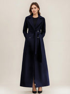 Gray Wool Blend Coat For Woman Lapel Belted Double-breasted Chic Full Length Wrap Outerwear 2026