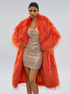 Faux Fur Coats Orange No Waistline Long Sleeves Faux Fur Coat Oversized Women Coat