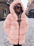 Faux Fur Coat With Hood Casual Winter Midi Jacket For Women 2026