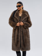 Faux Fur Coats In Deep Brown Notched Lapel Oversized Winter Long Jacket For Women 2026