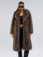 Faux Fur Coats In Deep Brown Notched Lapel Oversized Winter Long Jacket For Women 2026