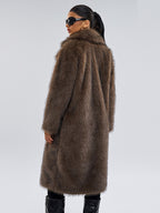 Faux Fur Coats In Deep Brown Notched Lapel Oversized Winter Long Jacket For Women 2026