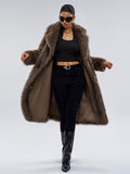 Faux Fur Coats In Deep Brown Notched Lapel Oversized Winter Long Jacket For Women 2026