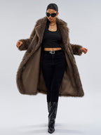Faux Fur Coats In Deep Brown Notched Lapel Oversized Winter Long Jacket For Women 2026