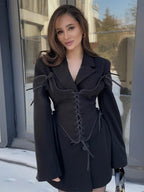 Blazer Dresses Turndown Collar Two-Tone Lace Up Long Sleeves Chic Women's Clothing Mini Dresses