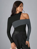 Long Sleeves Tees Black Polyester Color Block Asymmetrical Designed Neckline Women T Shirt