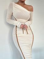 Bodycon Dresses Apricot Two-Tone Long Sleeves Pleated Chic One-Shoulder Midi Dress Sheath Dress