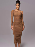 Bodycon Dresses Apricot Two-Tone Long Sleeves Pleated Chic One-Shoulder Midi Dress Sheath Dress