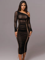 Bodycon Dresses Apricot Two-Tone Long Sleeves Pleated Chic One-Shoulder Midi Dress Sheath Dress