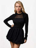 A-line Dress With Bubble Hem Mock Neck Long Sleeves Sheer Birthday Party Short Dress For Women 2026