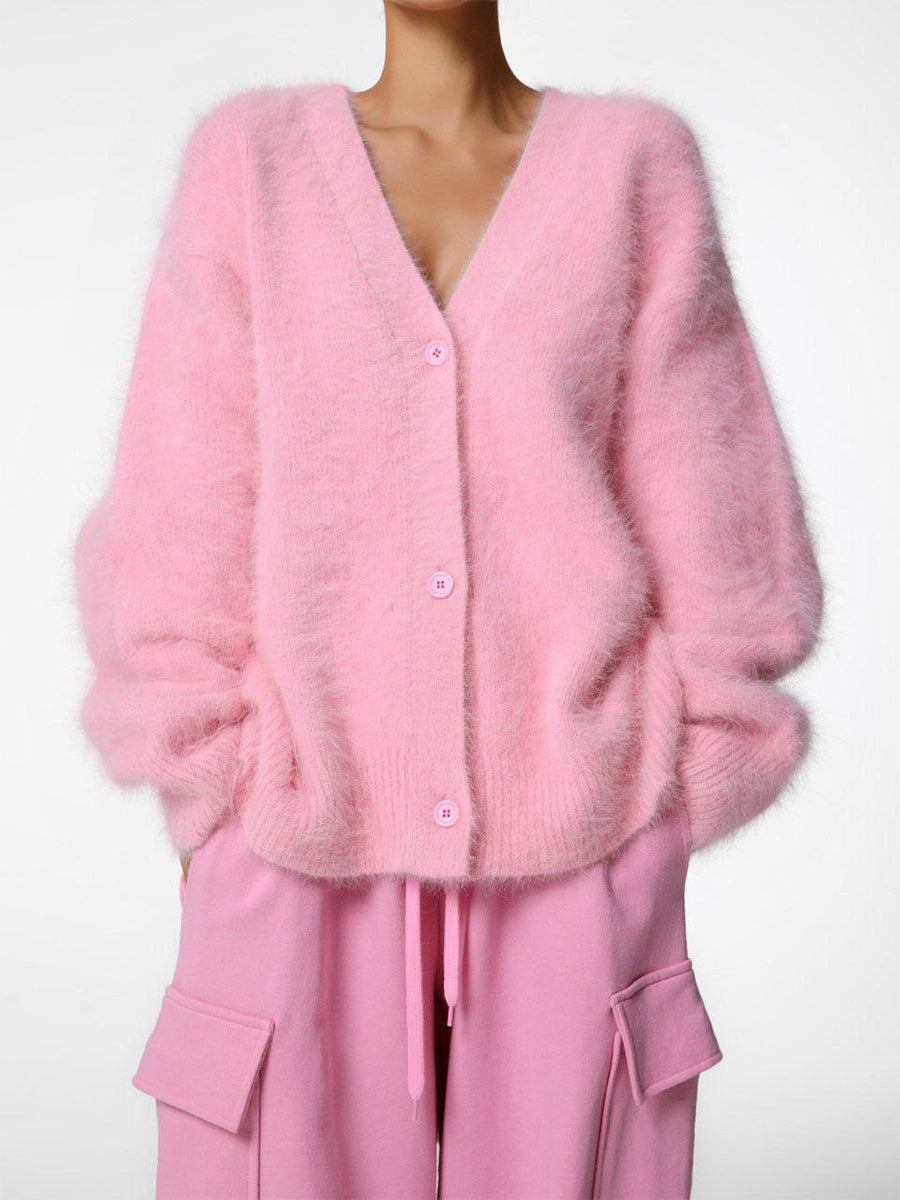 Faux Fur Cardigan khaki Long Sleeves V-Neck Oversized Spring Cozy Outerwear For Women 2026