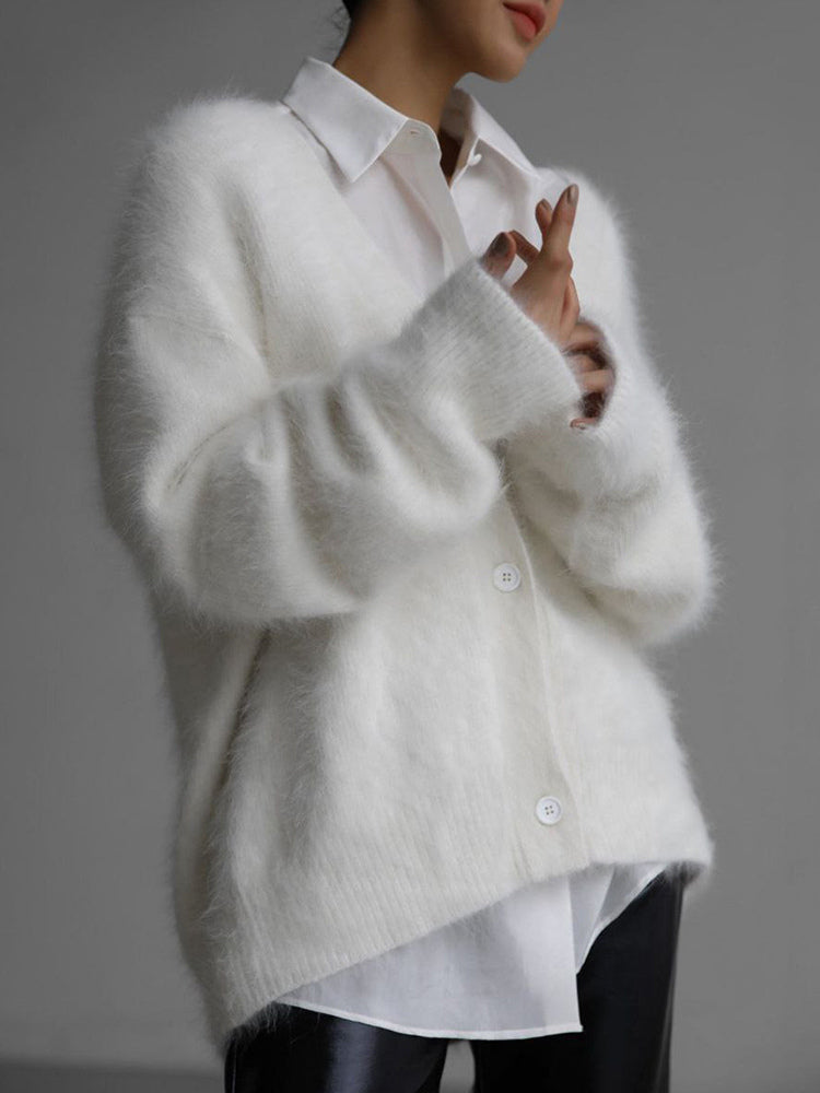 Faux Fur Cardigan khaki Long Sleeves V-Neck Oversized Spring Cozy Outerwear For Women 2026