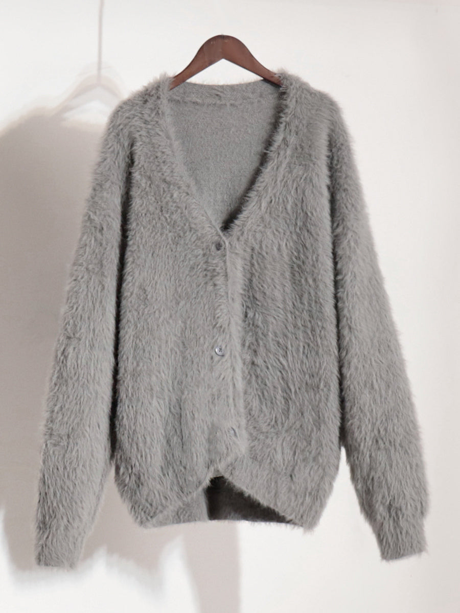 Faux Fur Cardigan khaki Long Sleeves V-Neck Oversized Spring Cozy Outerwear For Women 2026