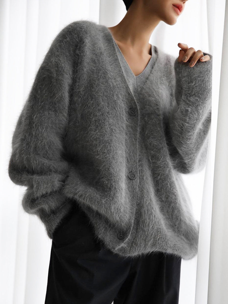 Faux Fur Cardigan khaki Long Sleeves V-Neck Oversized Spring Cozy Outerwear For Women 2026