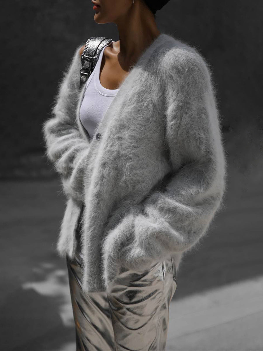 Faux Fur Cardigan khaki Long Sleeves V-Neck Oversized Spring Cozy Outerwear For Women 2026