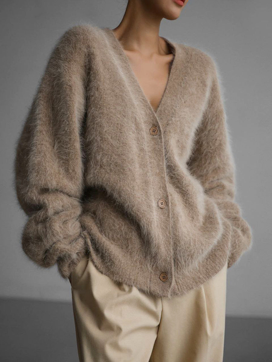Faux Fur Cardigan khaki Long Sleeves V-Neck Oversized Spring Cozy Outerwear For Women 2026