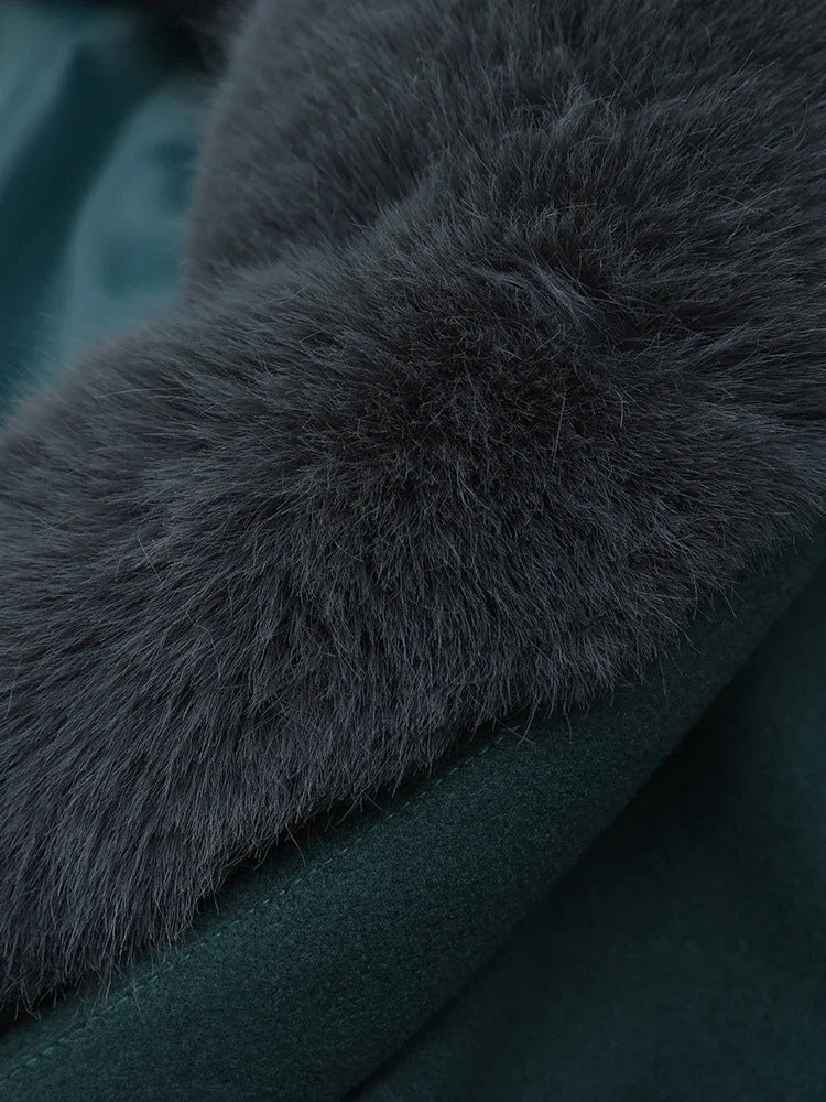 Short Jacket With Eco-friendly Fox Fur Collar Dark Green Oversized Spring Chic Outerwear For Women 2026