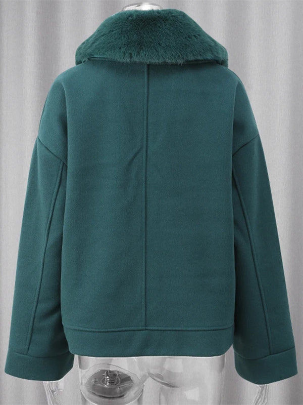 Short Jacket With Eco-friendly Fox Fur Collar Dark Green Oversized Spring Chic Outerwear For Women 2026