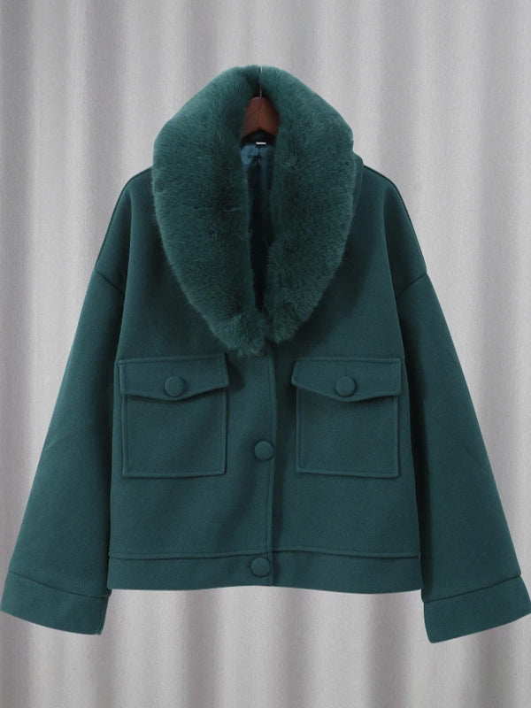 Short Jacket With Eco-friendly Fox Fur Collar Dark Green Oversized Spring Chic Outerwear For Women 2026