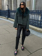 Short Jacket With Eco-friendly Fox Fur Collar Dark Green Oversized Spring Chic Outerwear For Women 2026
